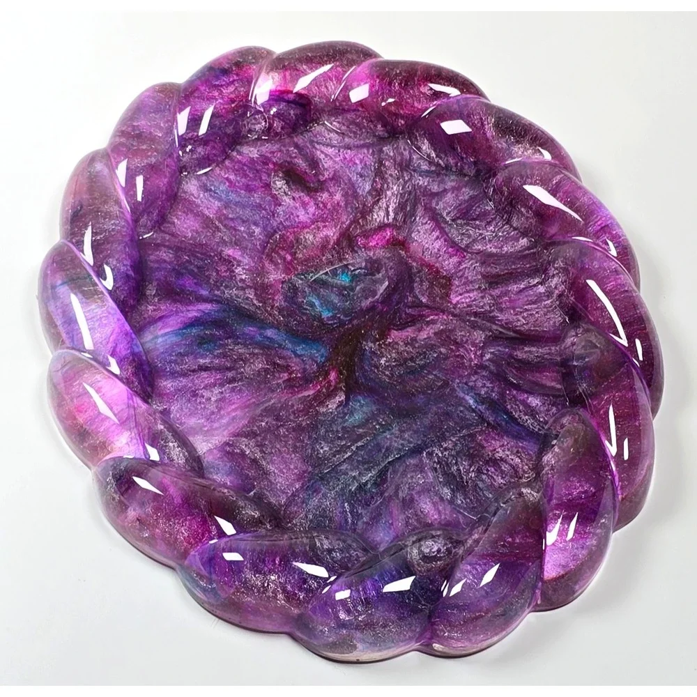 Handmade Resin Oval Tray 6x5‎ Braided Rim Celestial Amethyst Swirl Sparkle